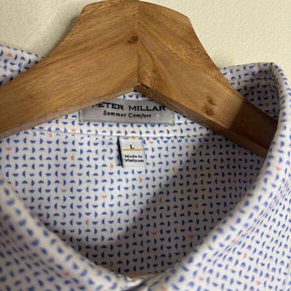 Peter Millar Polo Shirt Mens Large Blue Sailboat Microprint Summer Comfort Golf - Picture 6 of 10